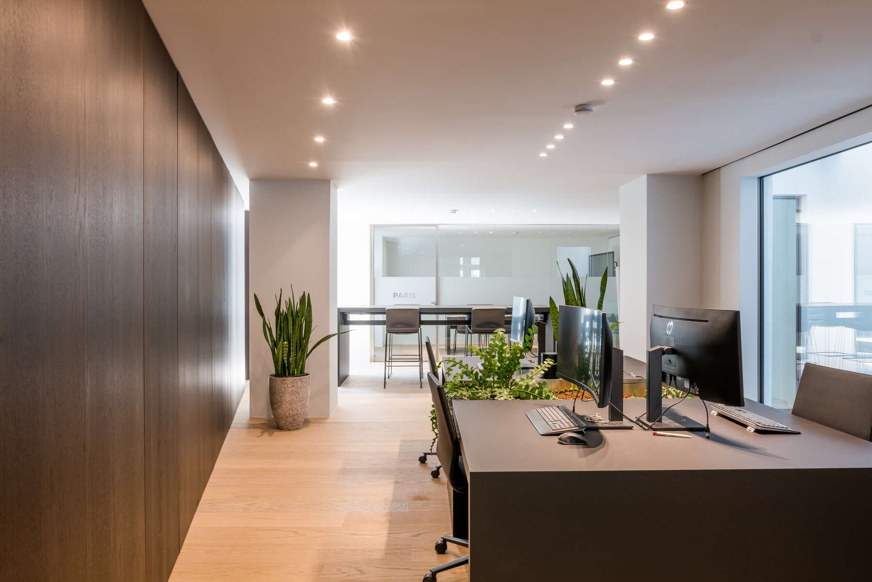 Plafond tendu acoustique dans un bureau paysager